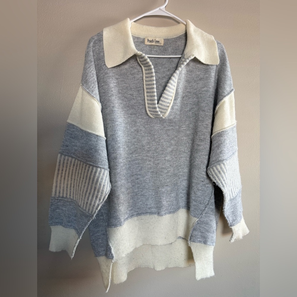 Peach Love California Striped Gray and Cream Sweater - Picture 6 of 9